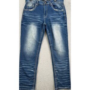 True Luck Mens Jeans Size 32/30 Relaxed Fit Dark Wash‎ Distressed Denim